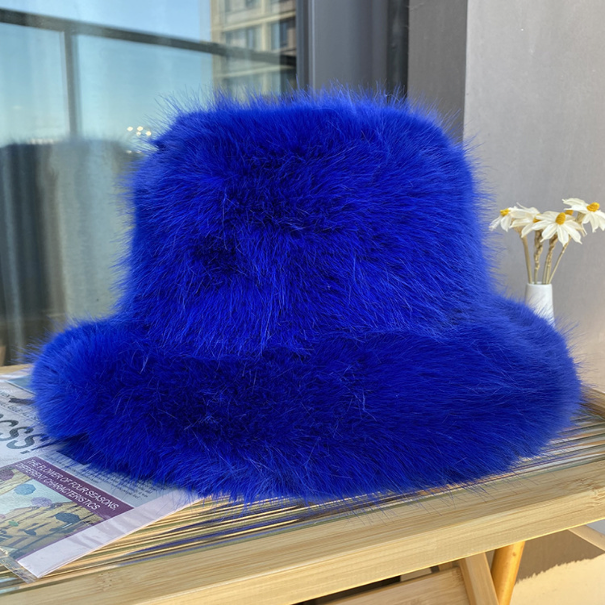 Plush Faux-Fur Bucket Hat with Rounded Crown and Soft Brim