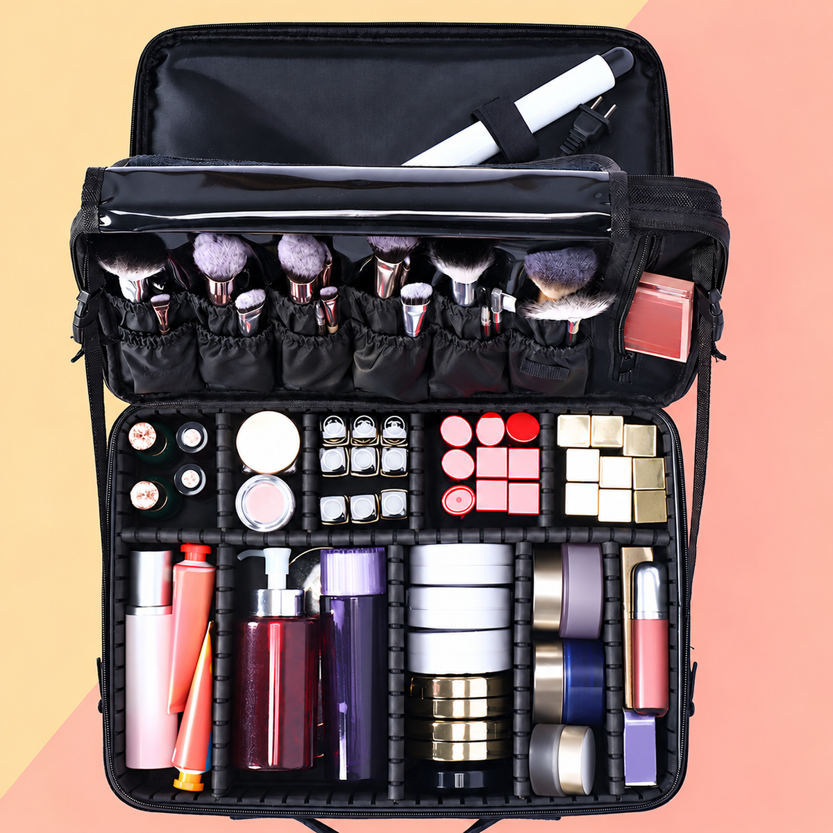 Makeup Travel Case, Adjustable Dividers and Brush Storage
