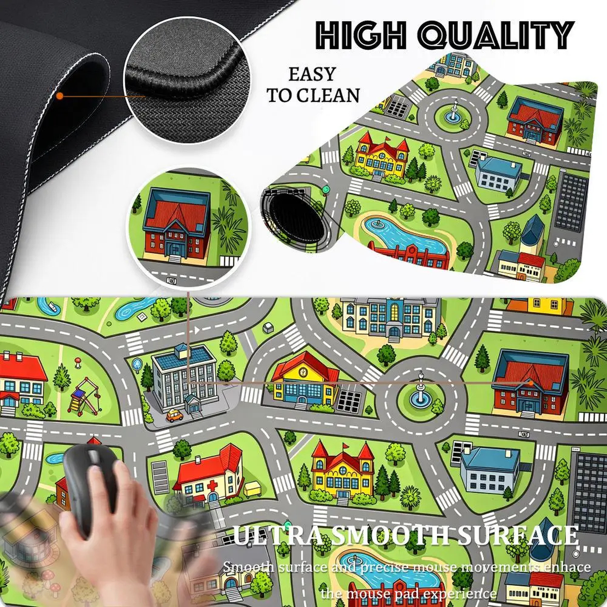 Oversized Cartoon City Road Desk Mat with Stitched Edges