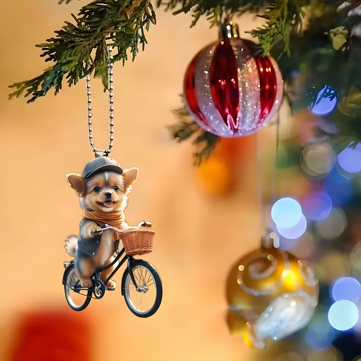 Acrylic Dog Bicycle Christmas Ornament with Festive Details