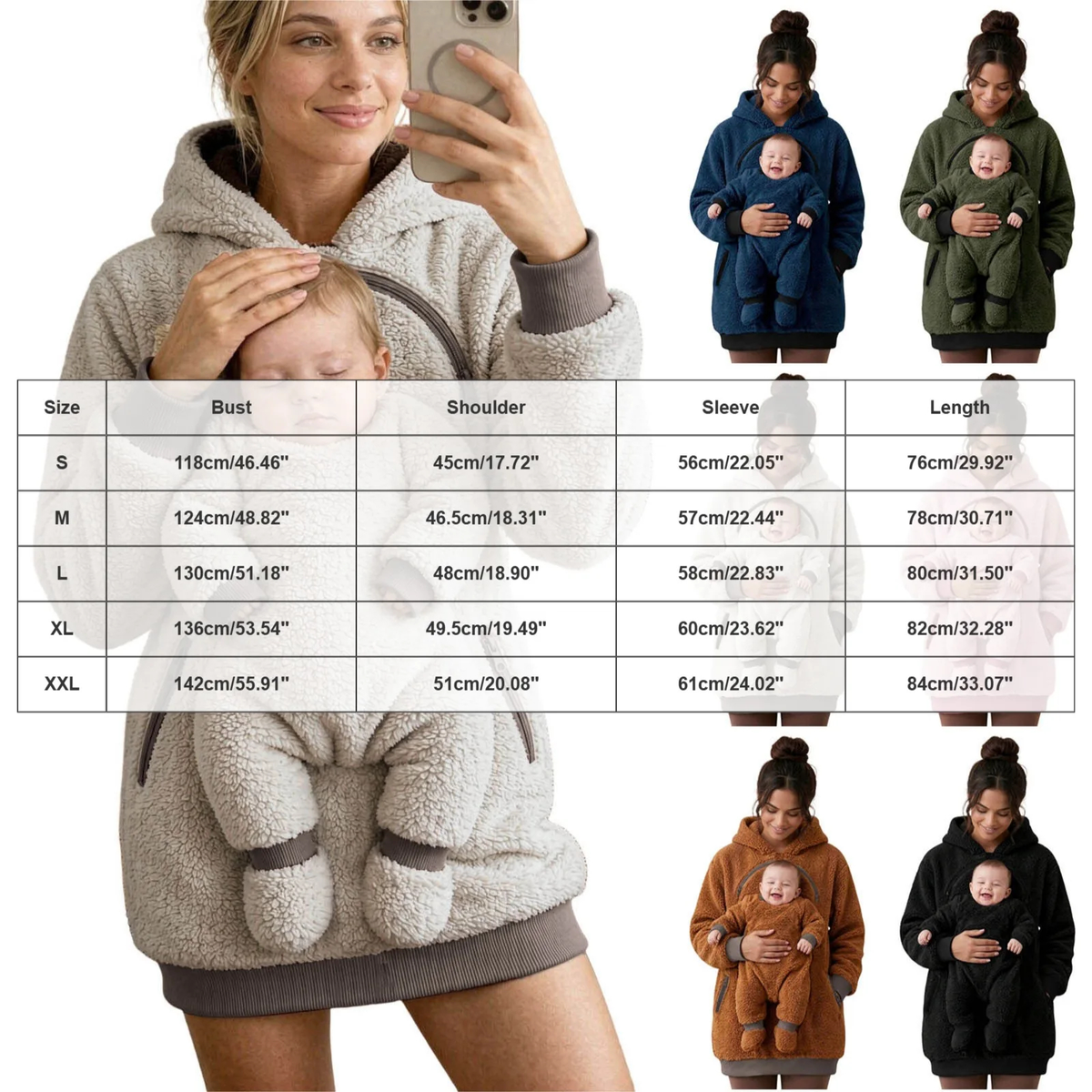 Sherpa Fleece Baby Pouch Hoodie with Zippered Front Panel