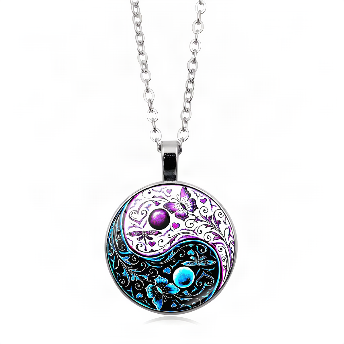 Yin Yang Pendant Necklace with Domed Cover and Alloy Frame
