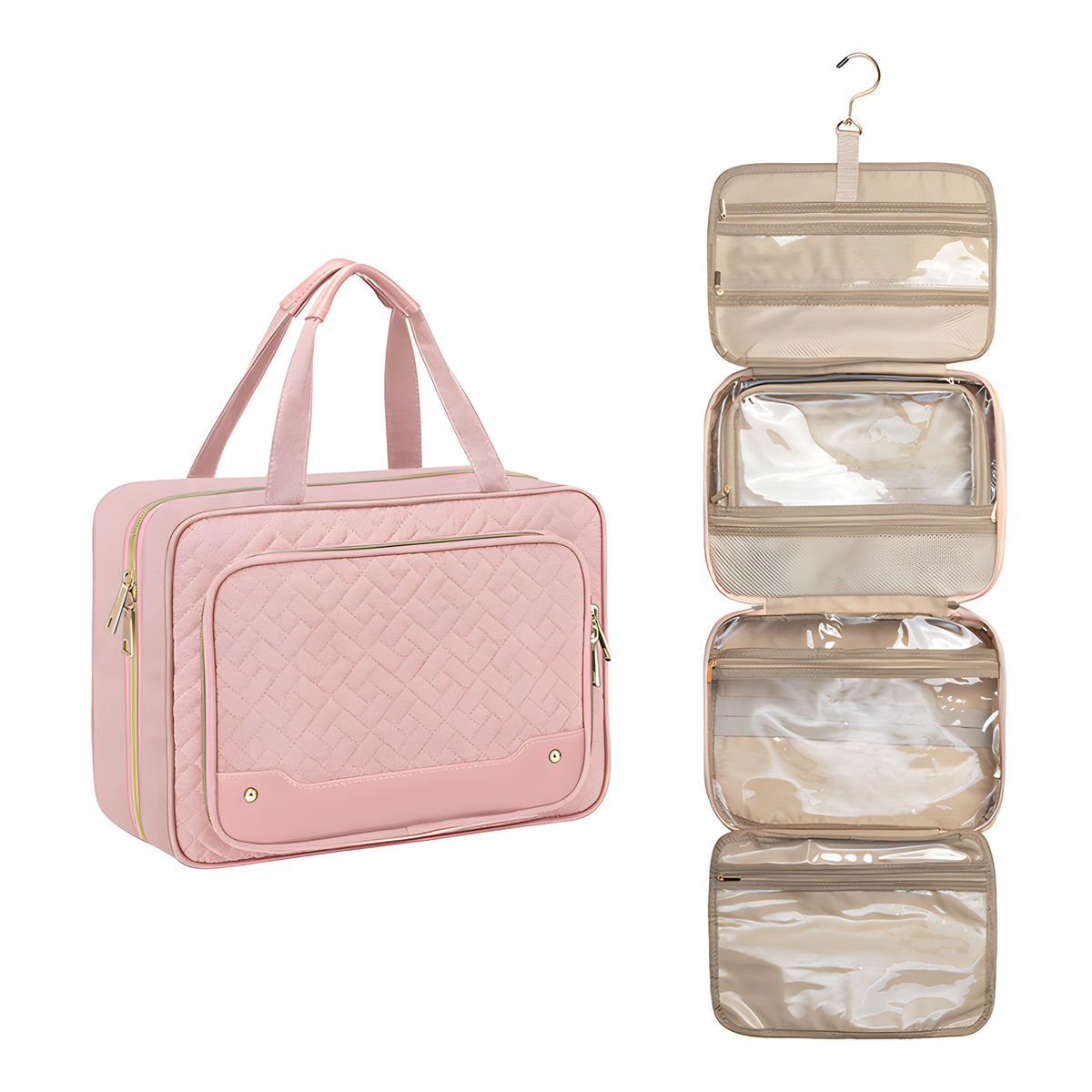 Pink Hanging Travel Toiletry Bag with Compartments and Hook