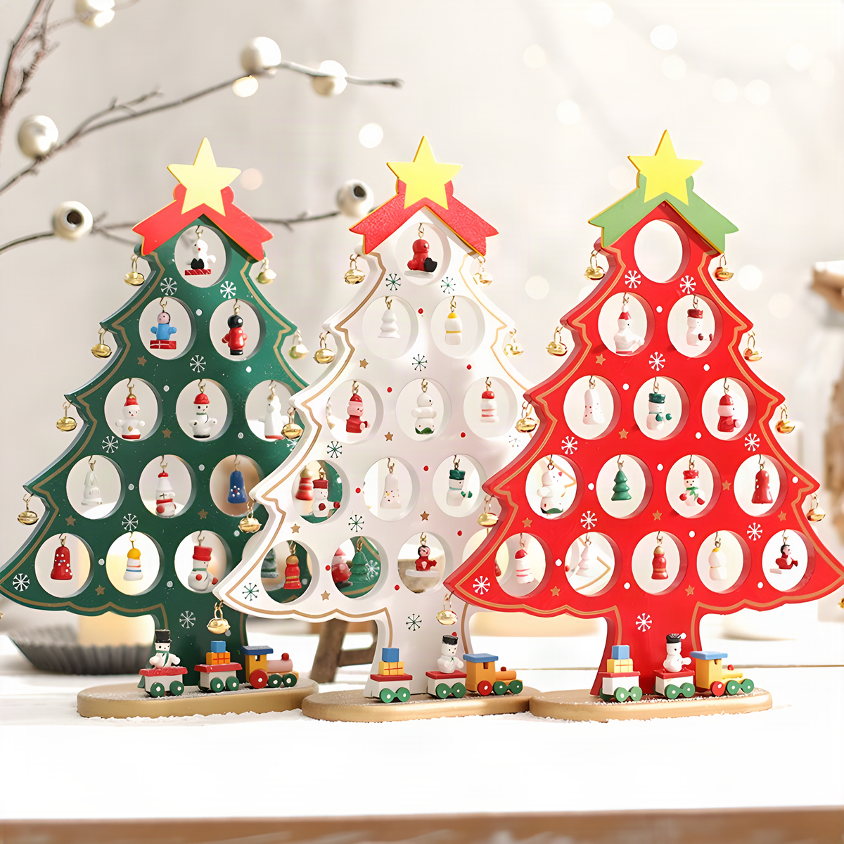 Wooden Tabletop Christmas Tree with Star and Hanging Ornaments