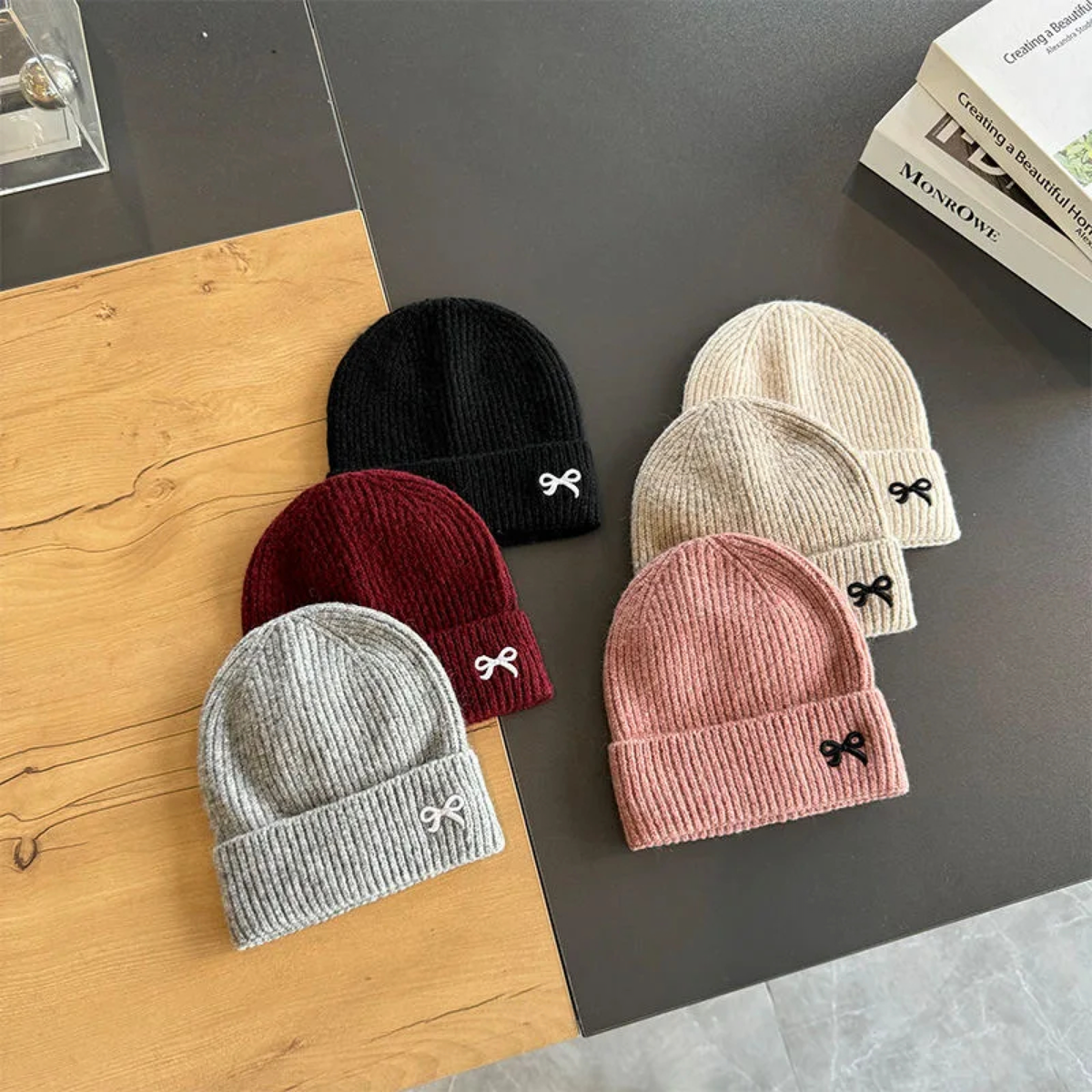 Ribbed Knit Beanie with Embroidered Bow and Folded Cuff