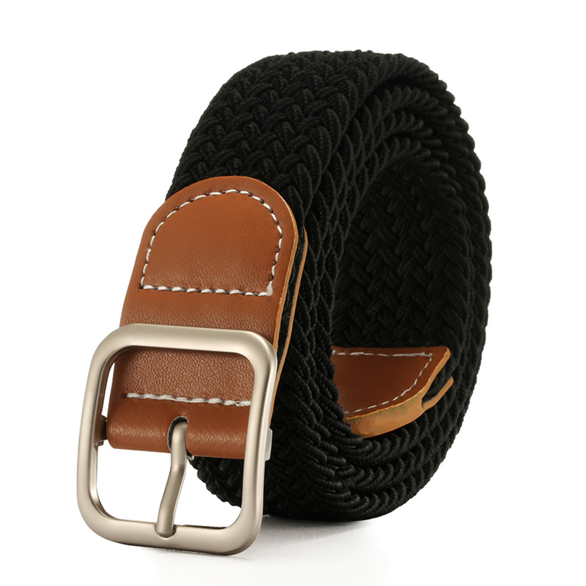 Elastic Braided Belt with Adjustable Square Metal Buckle