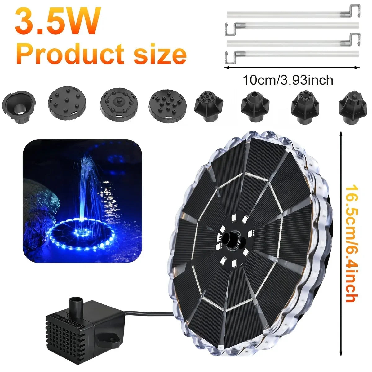 Solar Garden Fountain Pump with LED Lights & 7 Nozzles