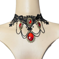 Gothic Lace Choker and Earrings, Red Stone, Antique Metal