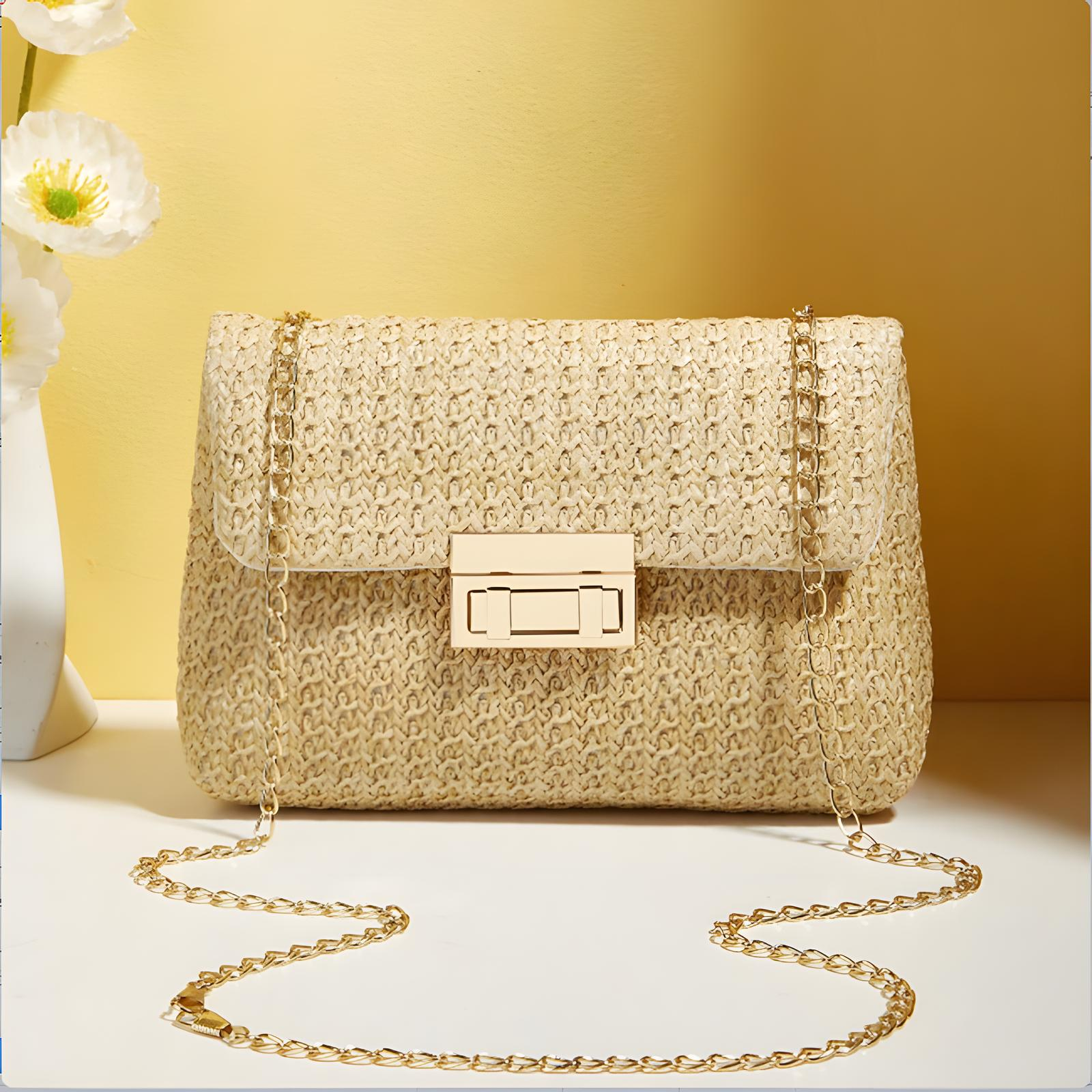 Straw Crossbody Bag with Gold Chain & Turn Lock