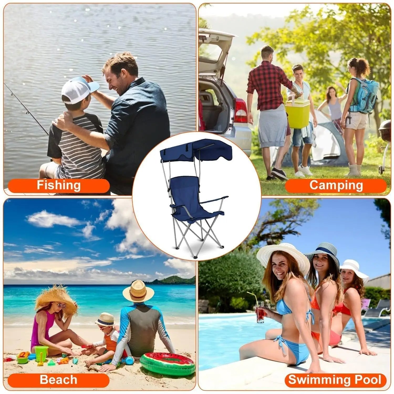 Camping Chair with Canopy - UPF 50+ Sunshade Folding Beach Chair