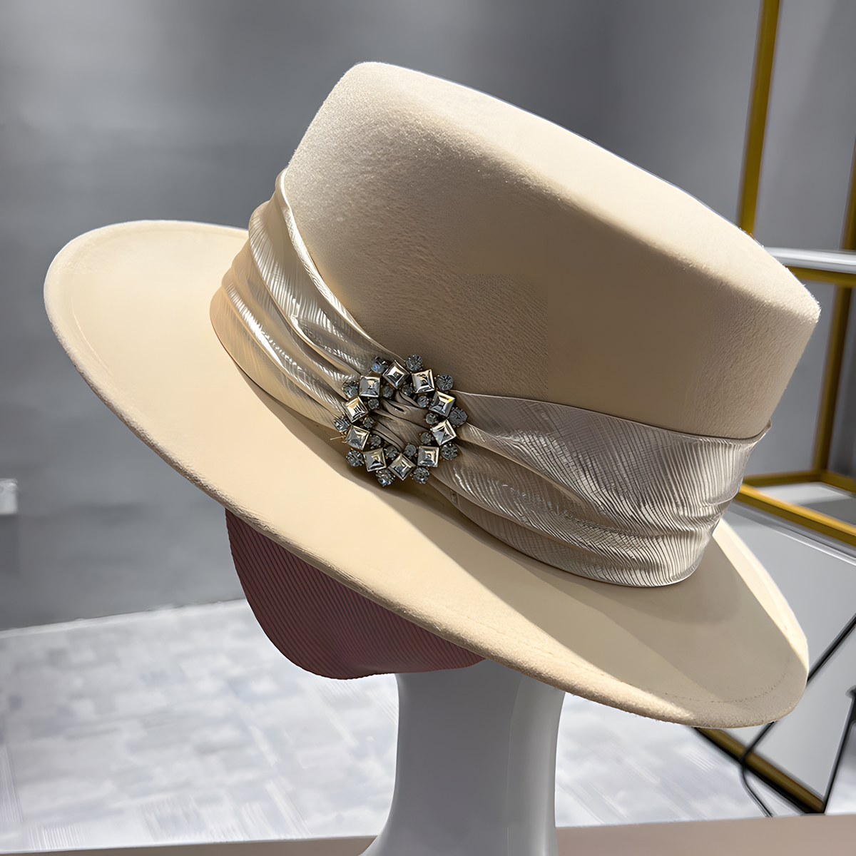 Wool Flat-Top Hat with Decorative Band and Brooch Detail