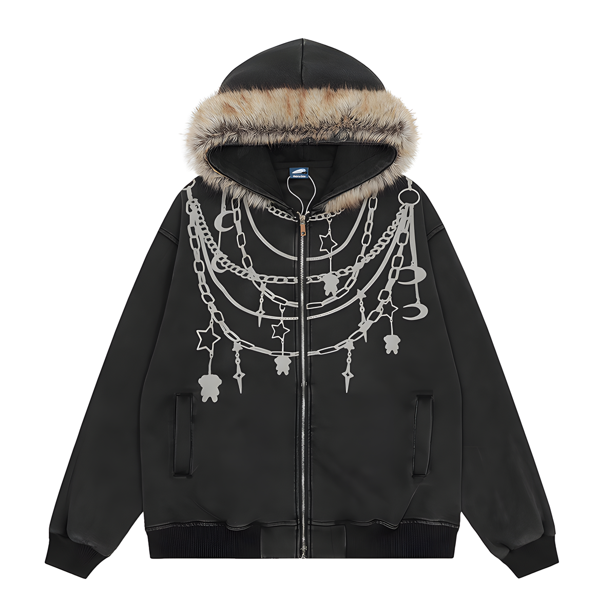 Zip-Front Hooded Jacket with Plush Collar and Chain Print