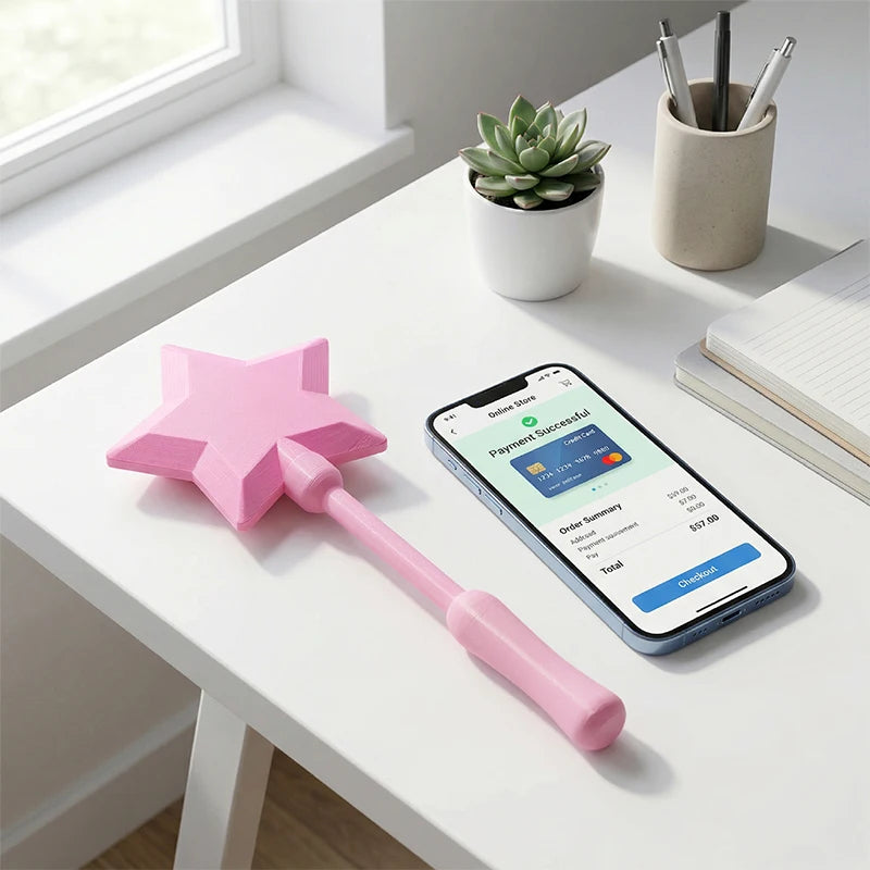 Pink star-shaped object on a desk with a smartphone displaying a payment success screen.