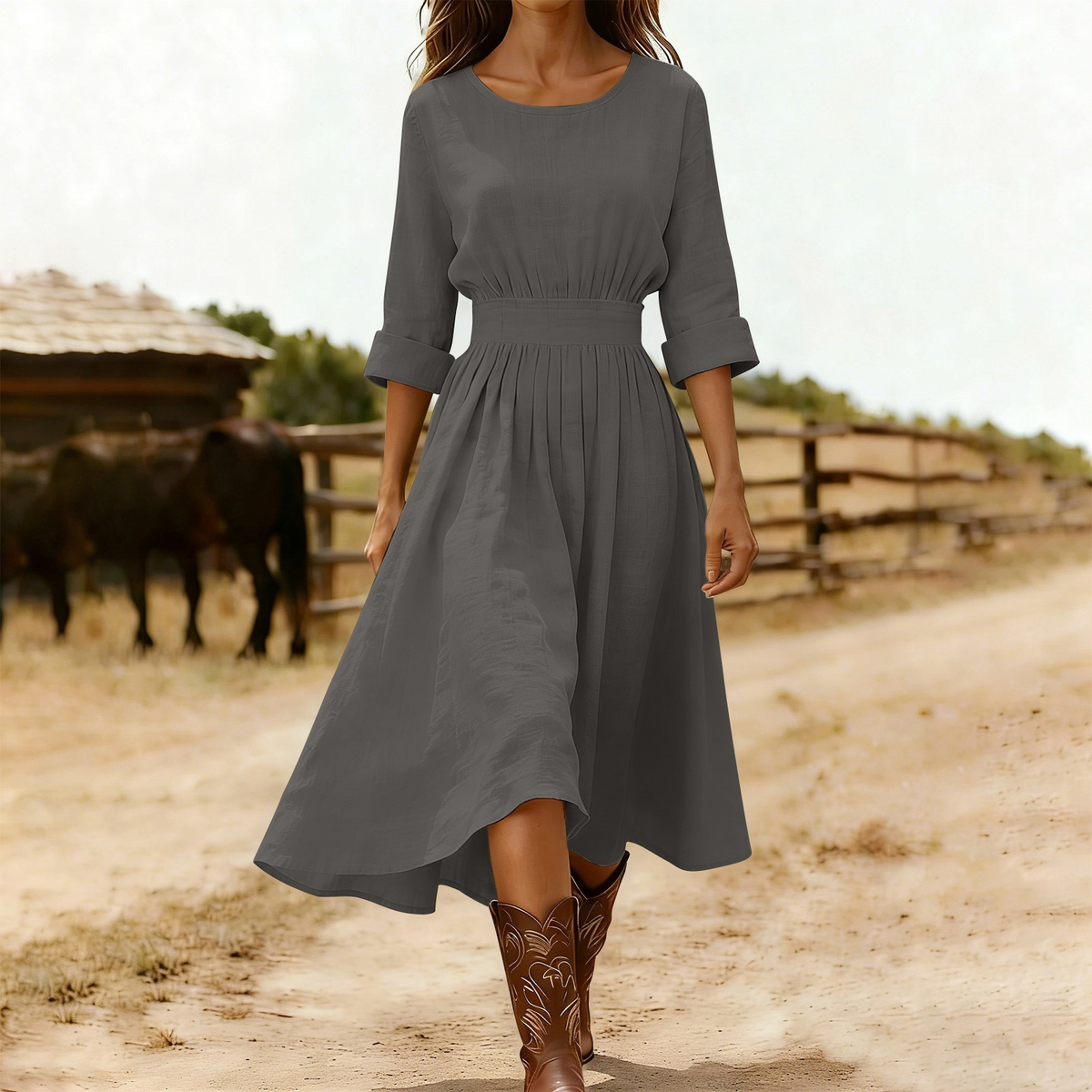 Women’s Long-Sleeve Cotton-Blend Dress with Round Neck and Waist