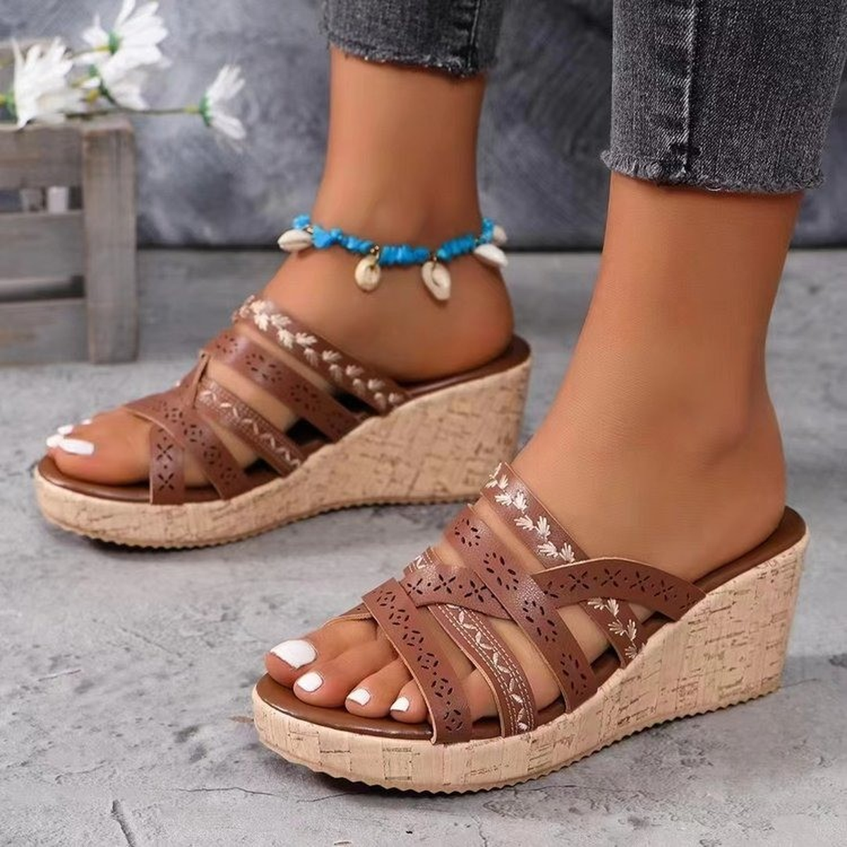Women's Roman Wedge Sandals with Cutout Straps and Cork Sole