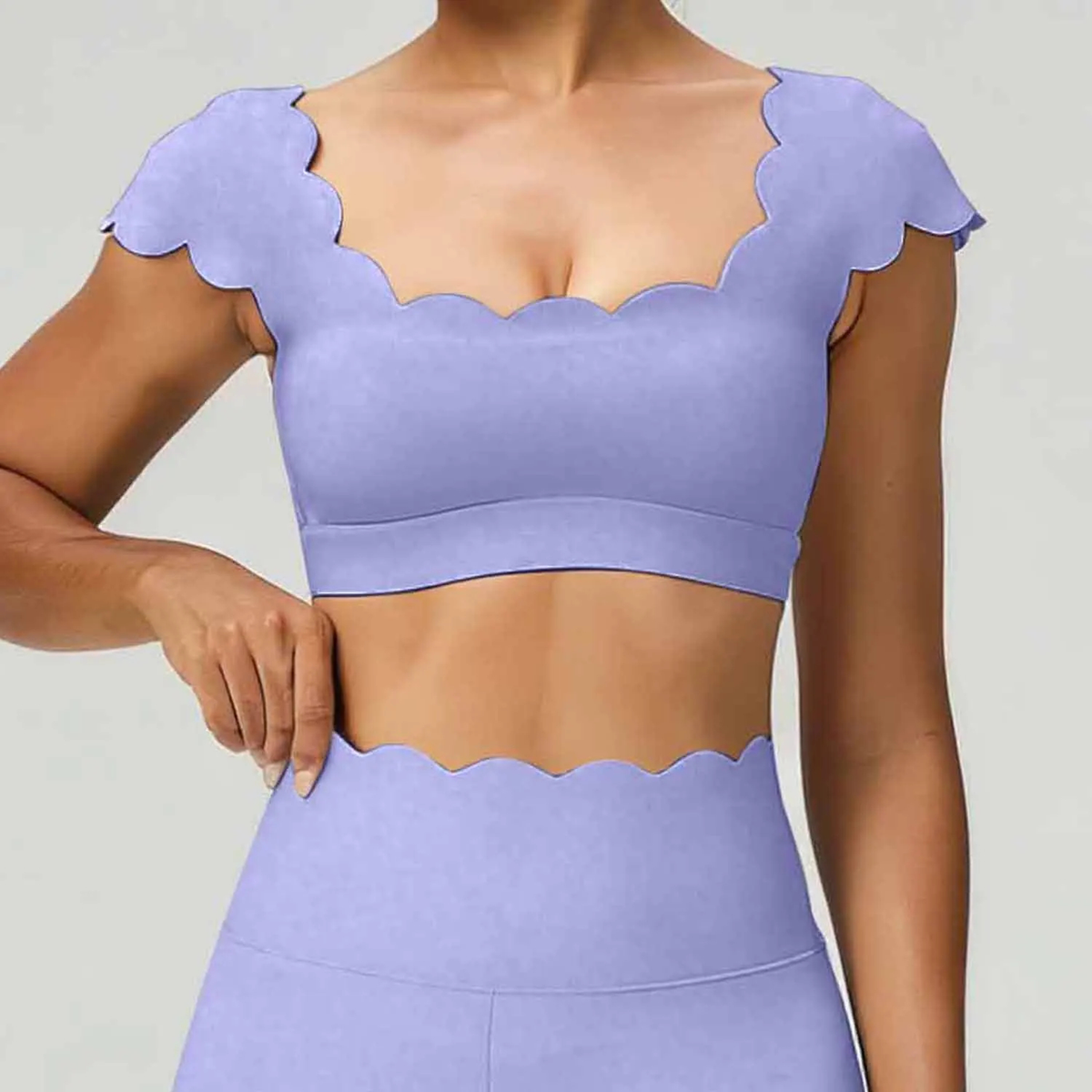 Women's Scalloped Yoga Set with Crop Top and High Waist Bottoms