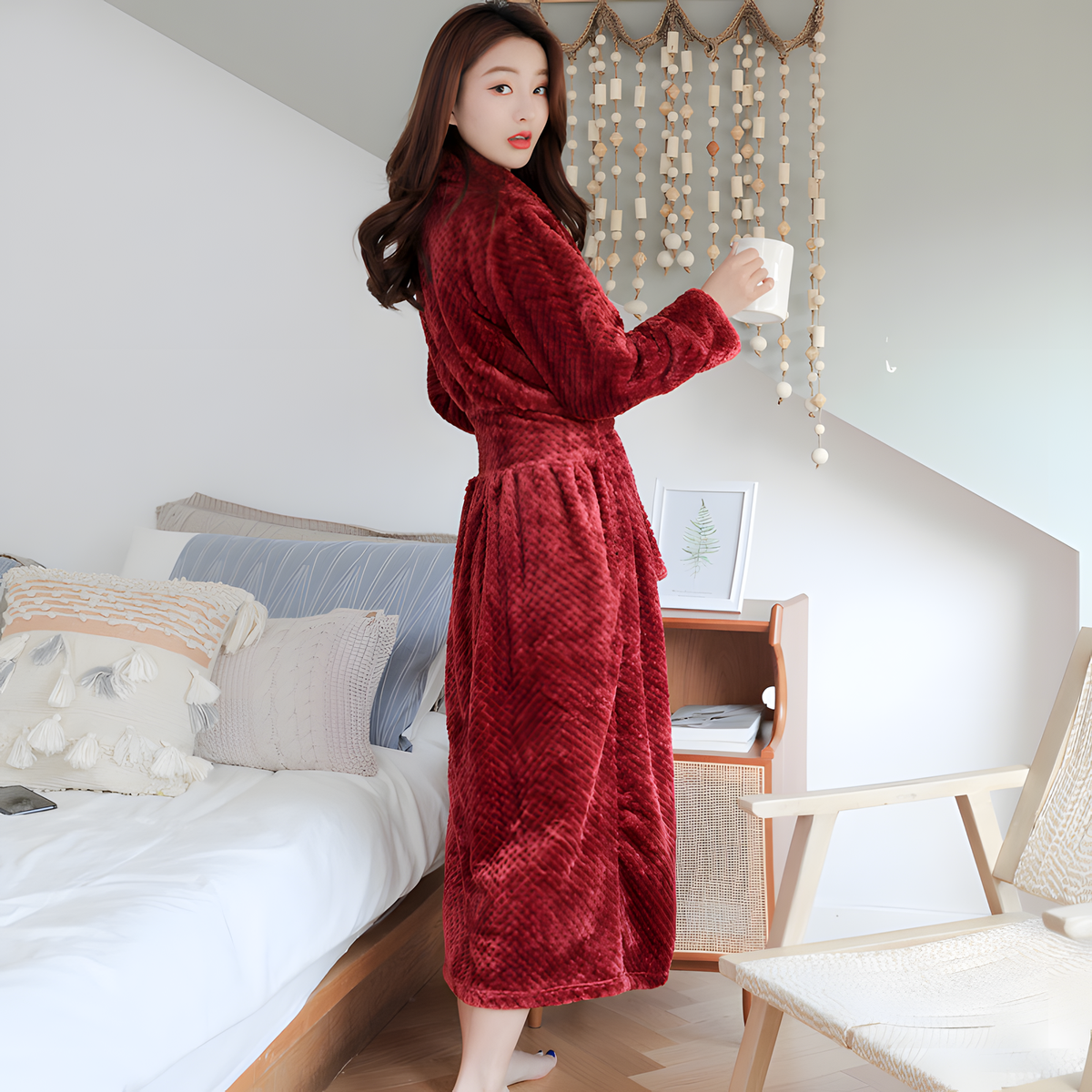 Women's Plush Hooded Bathrobe with Long Cut and Flannel Feel