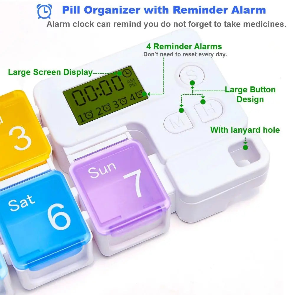 7-Day Pill Organizer with 4 Alarm Reminders - AM/PM Weekly Medication Box - TradixPro