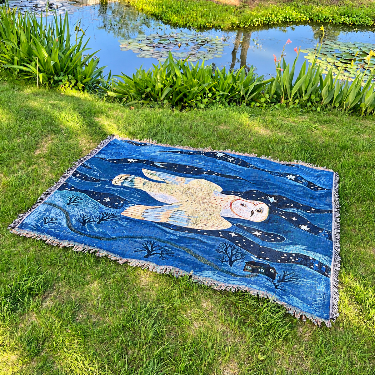 Illustrated Woven Throw Blanket with Fringe, 130 x 160 cm