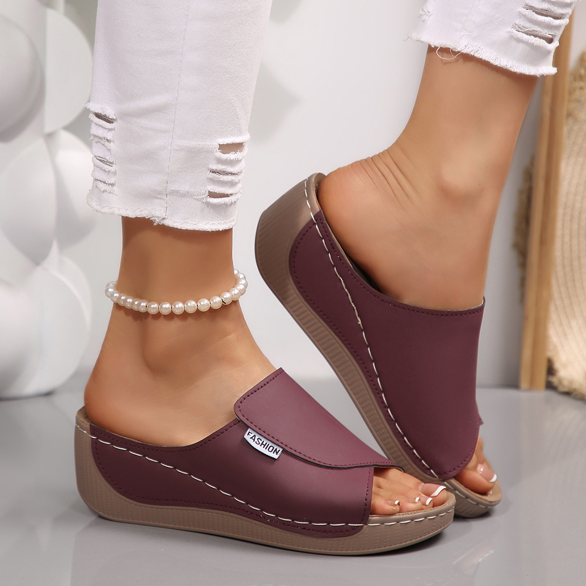 Women's Slip-On Wedge Sandals with Open Toe and Wide Band