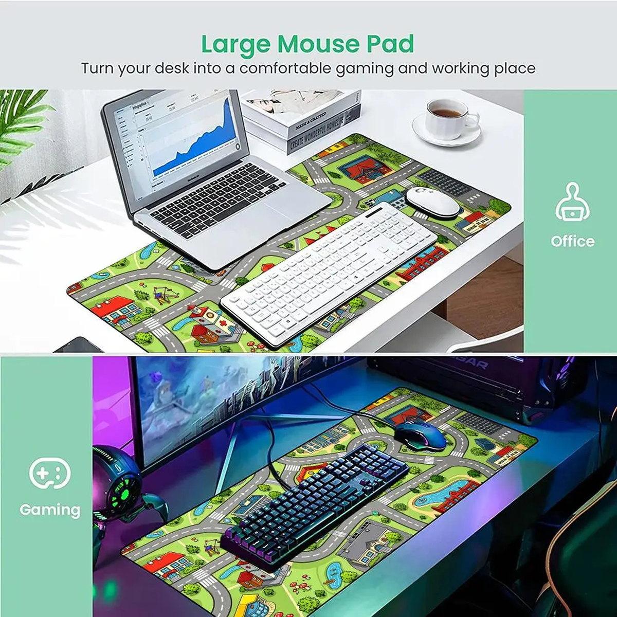 Oversized Cartoon City Road Desk Mat with Stitched Edges