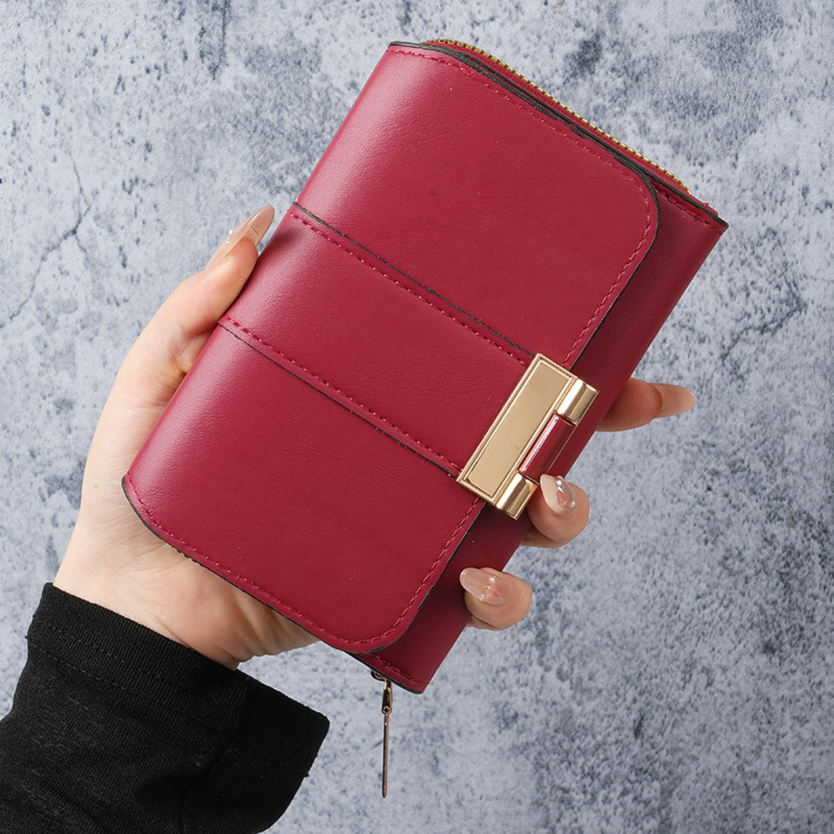 Gold-Clasp Foldover Wallet with Zip Section and Card Slots