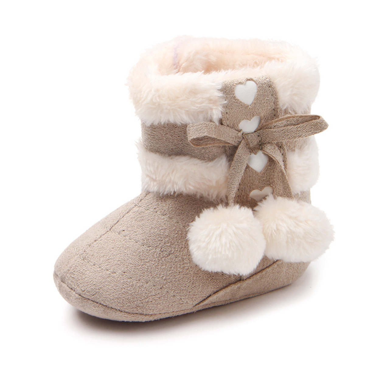 Heart Bow Baby Boots with Pom-Pom Detail and Cream Cuffs