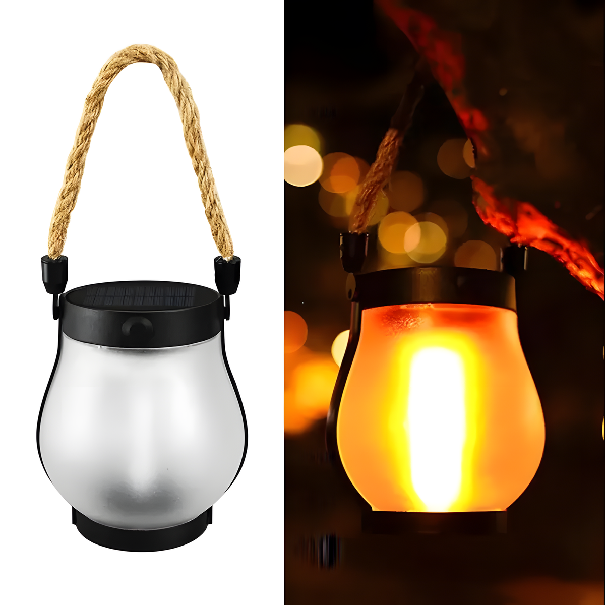 Solar LED Flame-Effect Lantern with Rope-Style Handle