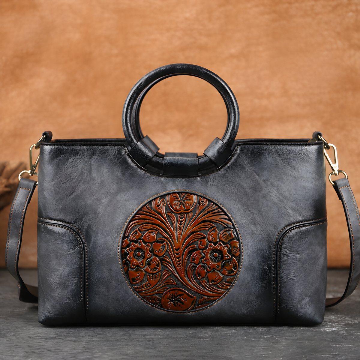 Embossed PU Satchel Handbag with Top Handles and Shoulder Strap