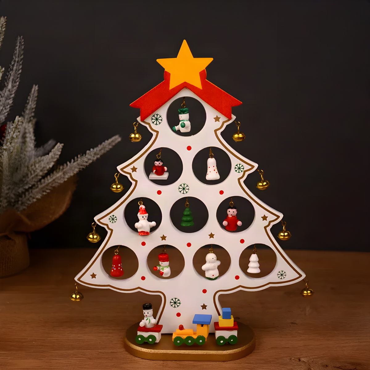 Wooden Tabletop Christmas Tree with Star and Hanging Ornaments