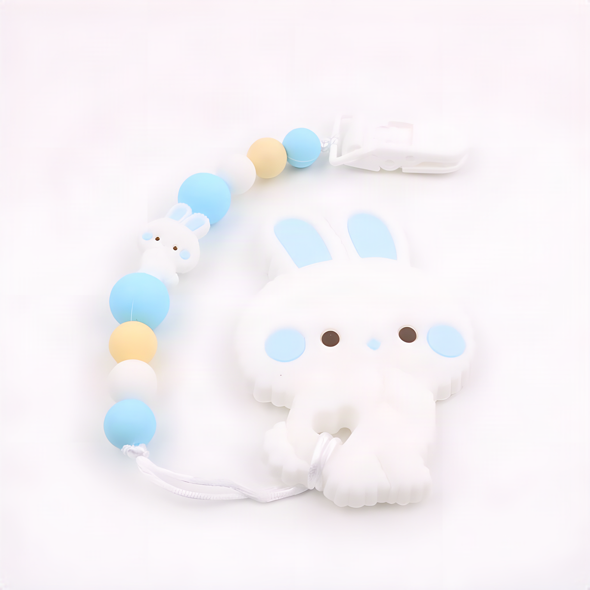 Bunny Baby Teether with Beaded Pacifier Clip in Five Colors