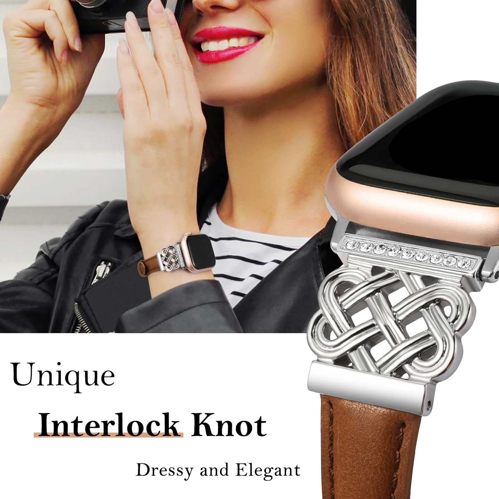 Jeweled Knot Leather Apple Watch Band with Stone Detail