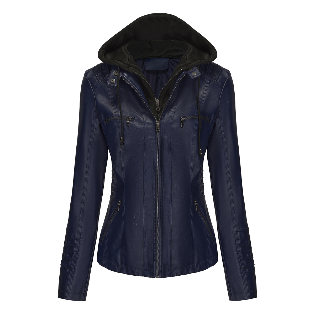 Women's PU Leather Jacket with Removable Hood and Zip Pockets
