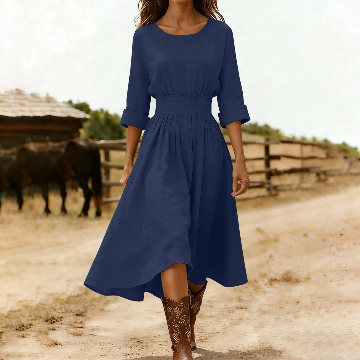 Women’s Long-Sleeve Cotton-Blend Dress with Round Neck and Waist