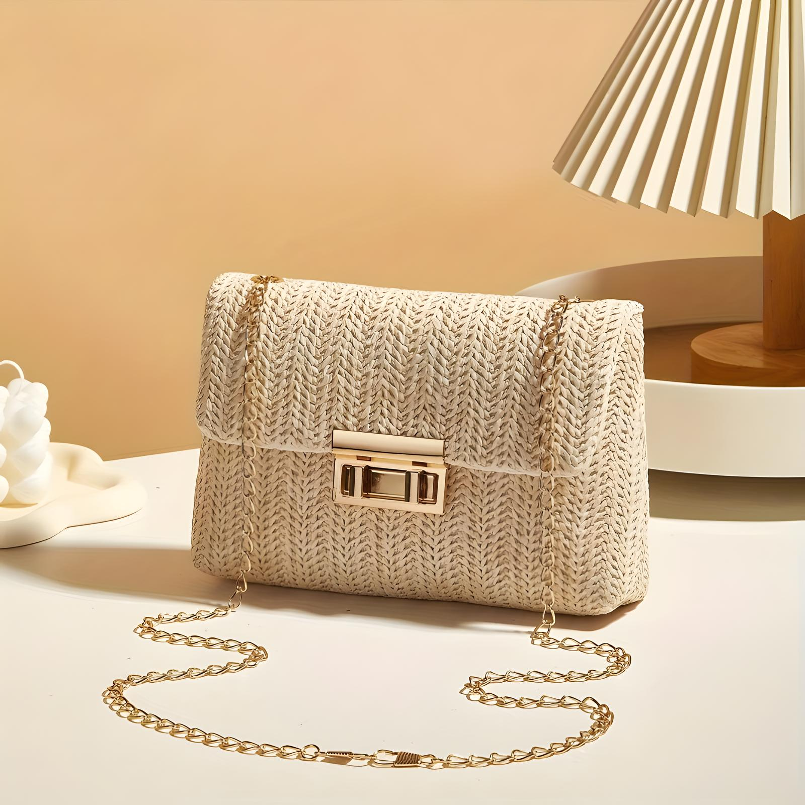 Straw Crossbody Bag with Gold Chain & Turn Lock