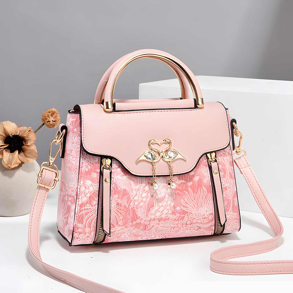 Printed Shoulder Bag with Bird Charm and Zip Divider, 22.5 cm