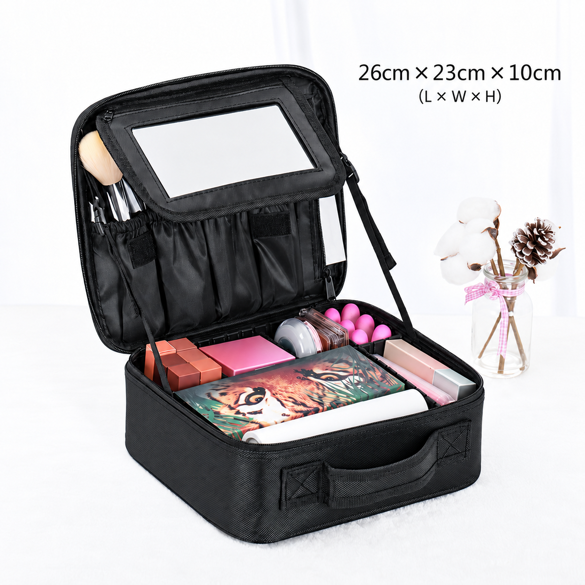Makeup Travel Case, Adjustable Dividers and Brush Storage
