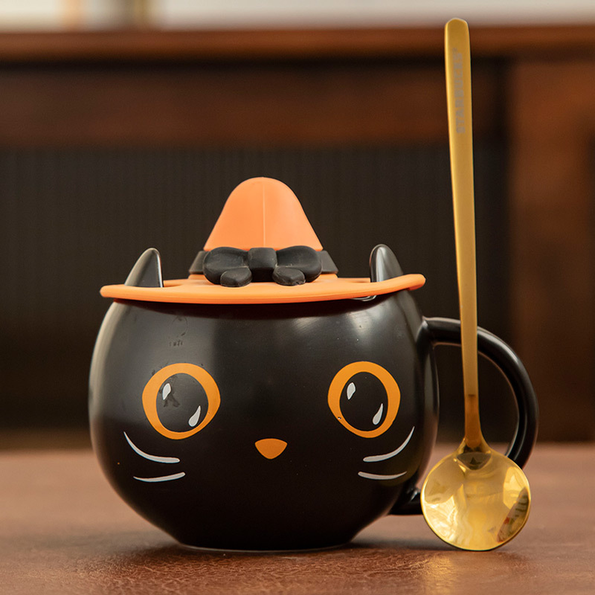 Halloween Cat Mug with Lid and Spoon, Ceramic, 301-400 ml