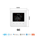 White thermostat with digital display and dimensions on a white background