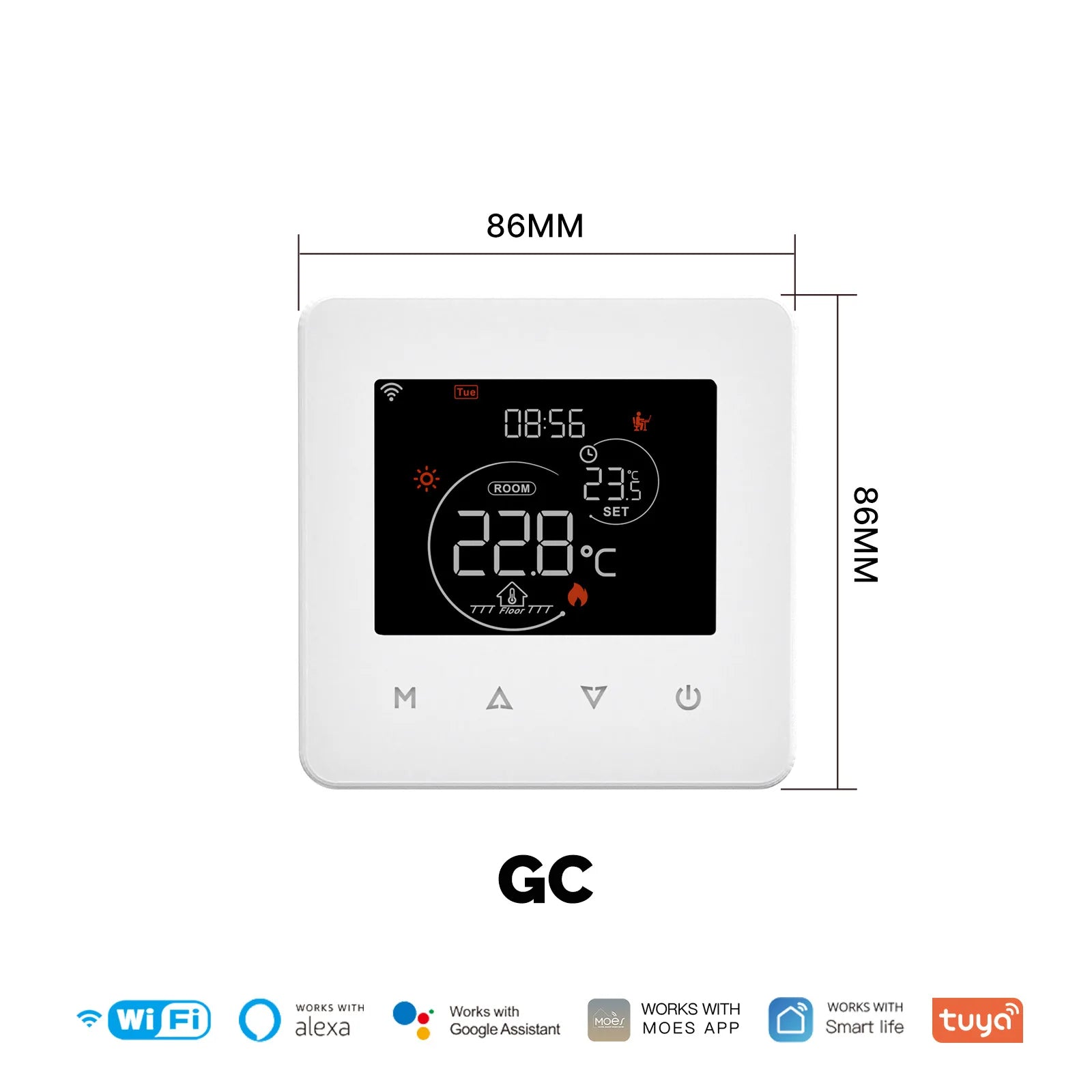 White thermostat with digital display and dimensions on a white background