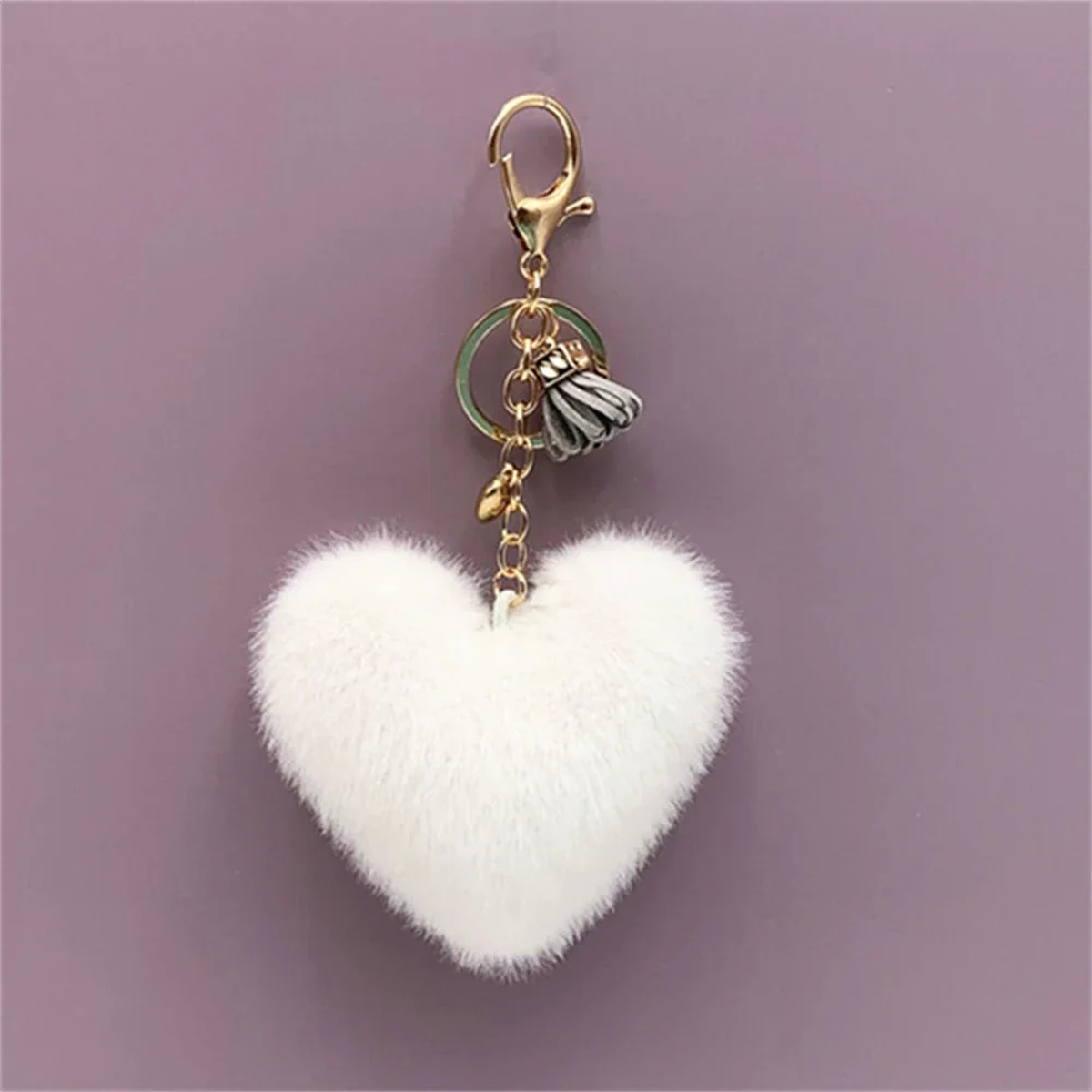 Fluffy Heart Keychain Charm with Tassel and Gold-Tone Clasp