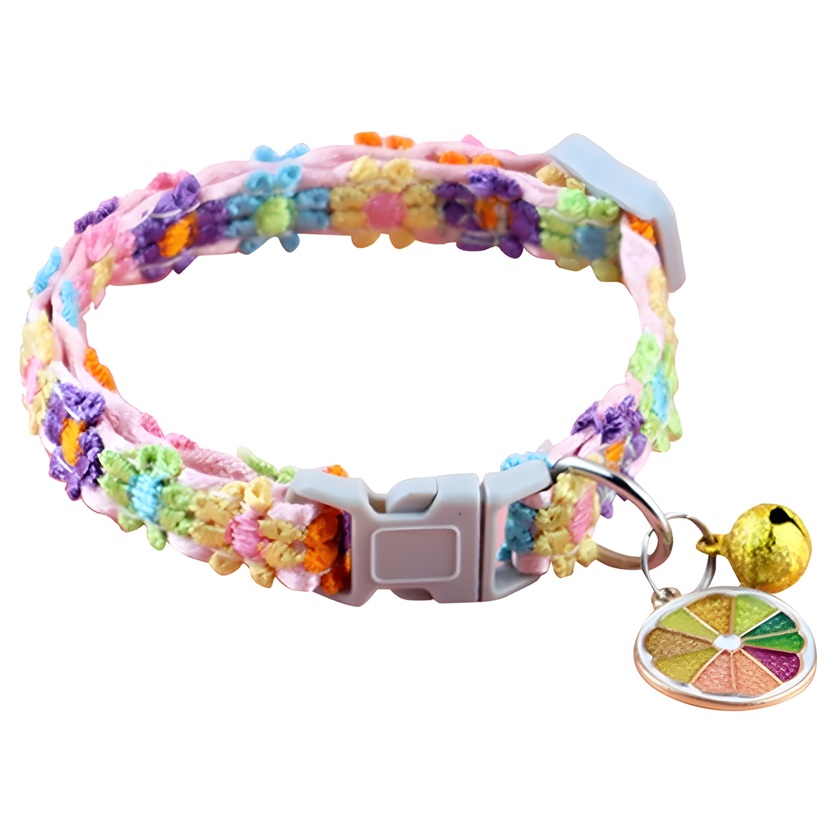 Colorful Floral Cat Collar, Adjustable Buckle, Bell & Charm
