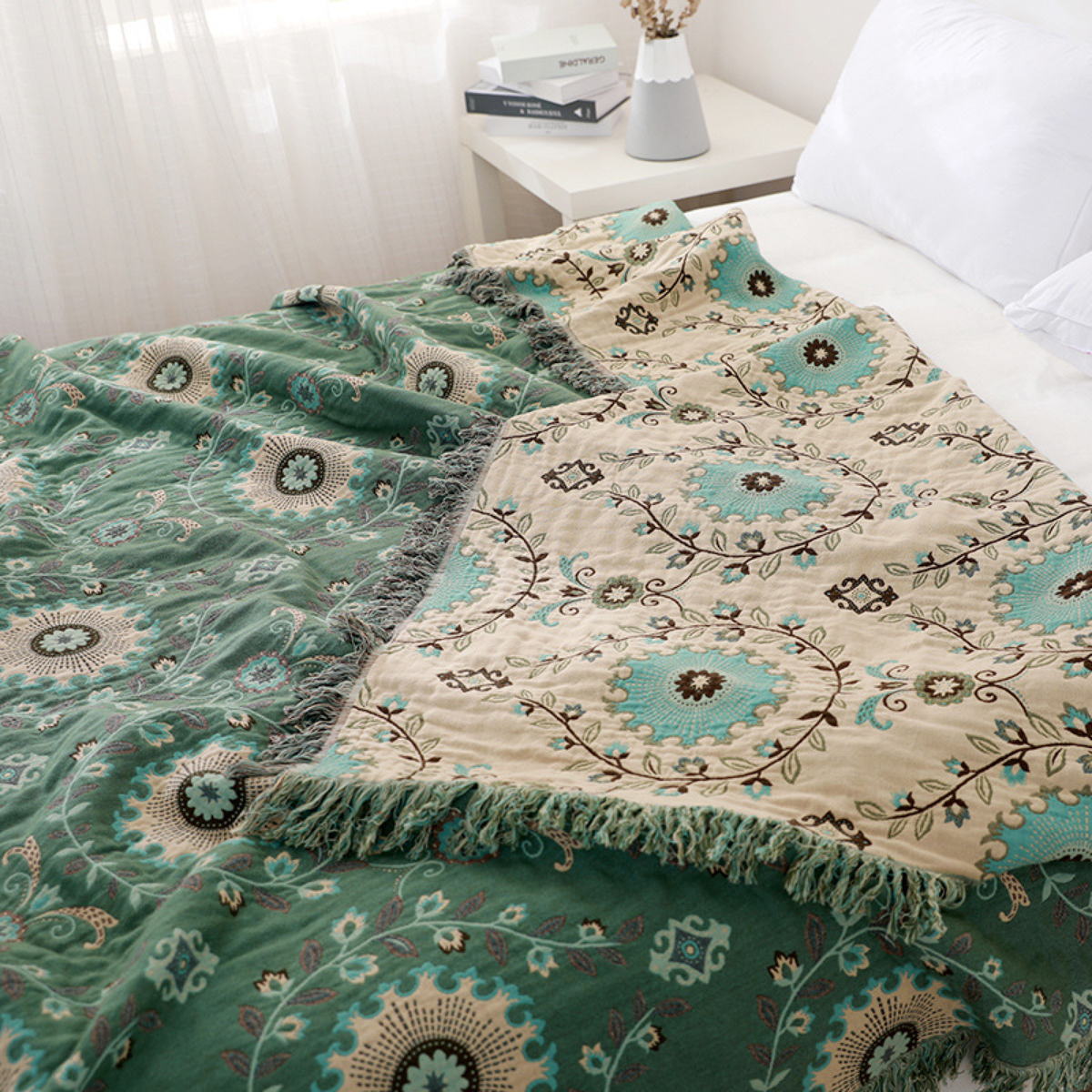Reversible Medallion Throw Blanket with Fringed Edges
