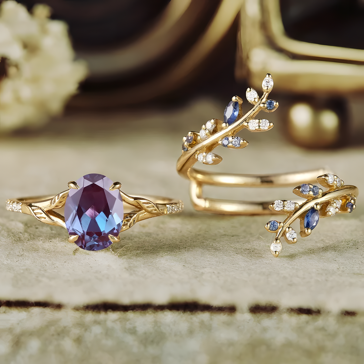 Leaf-Vine Stacking Ring Set with Oval Decorative Stone