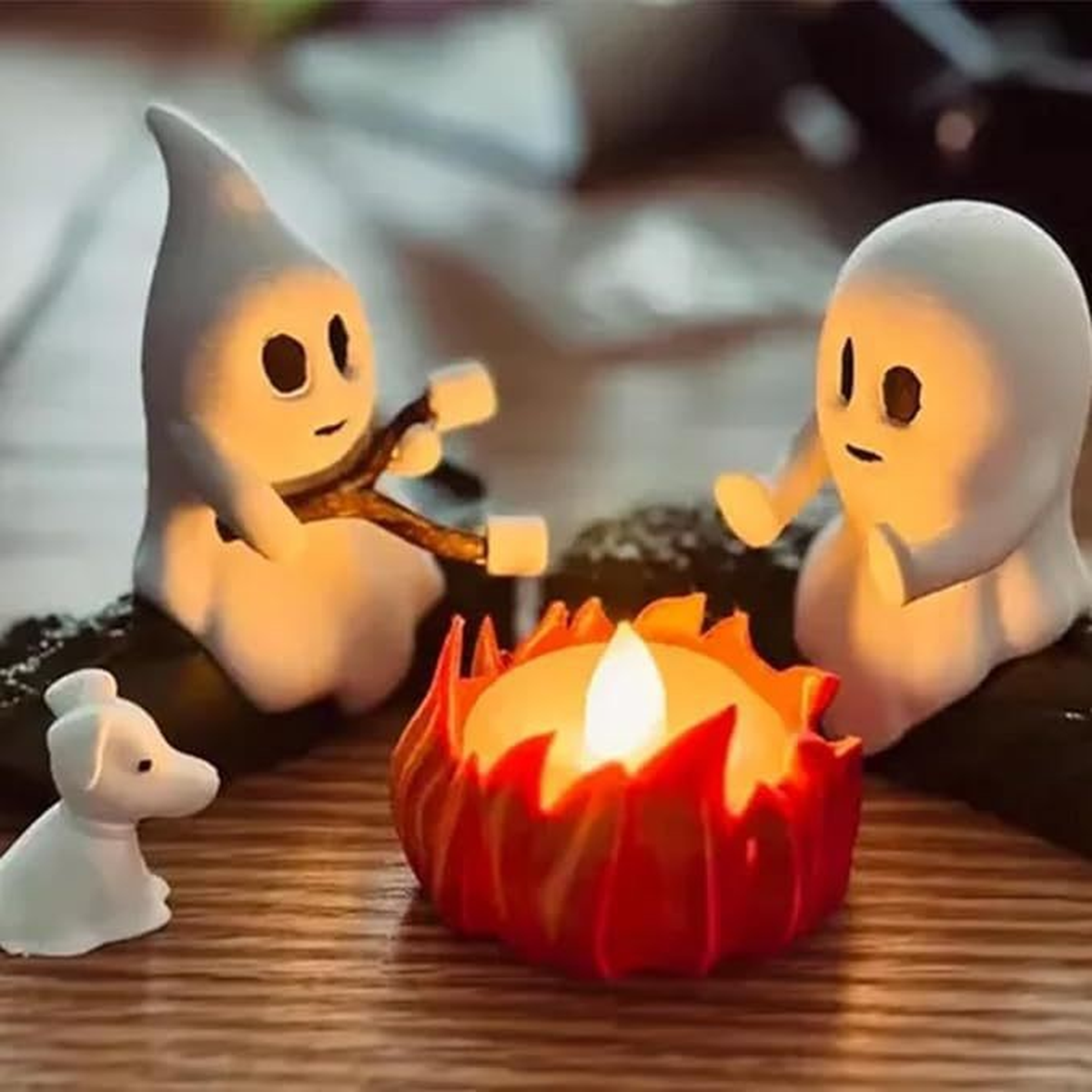 Light-Up Halloween Ghost Figurine Scene with Pumpkin Glow