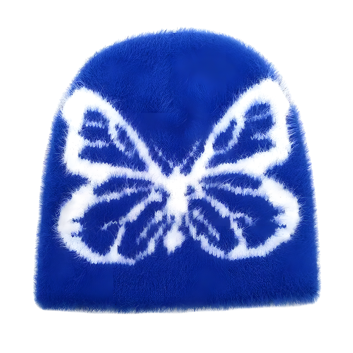 Fuzzy Butterfly Knit Beanie with Contrast Motif in Seven Colors