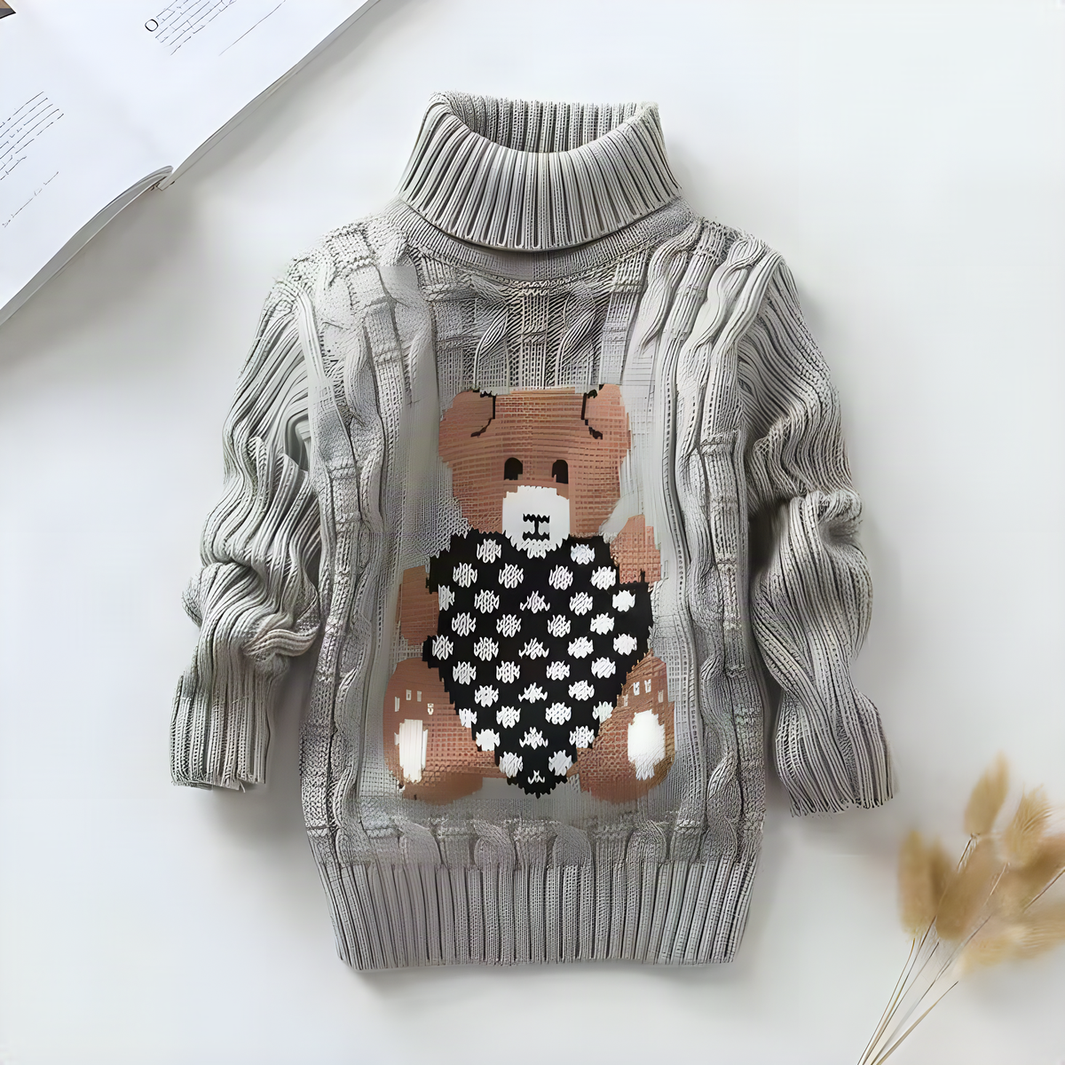 Kids Bear-Detail Ribbed Turtleneck Sweater in Seven Colors