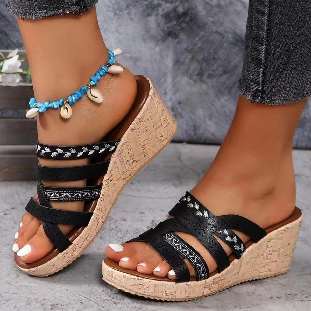 Women's Roman Wedge Sandals with Cutout Straps and Cork Sole