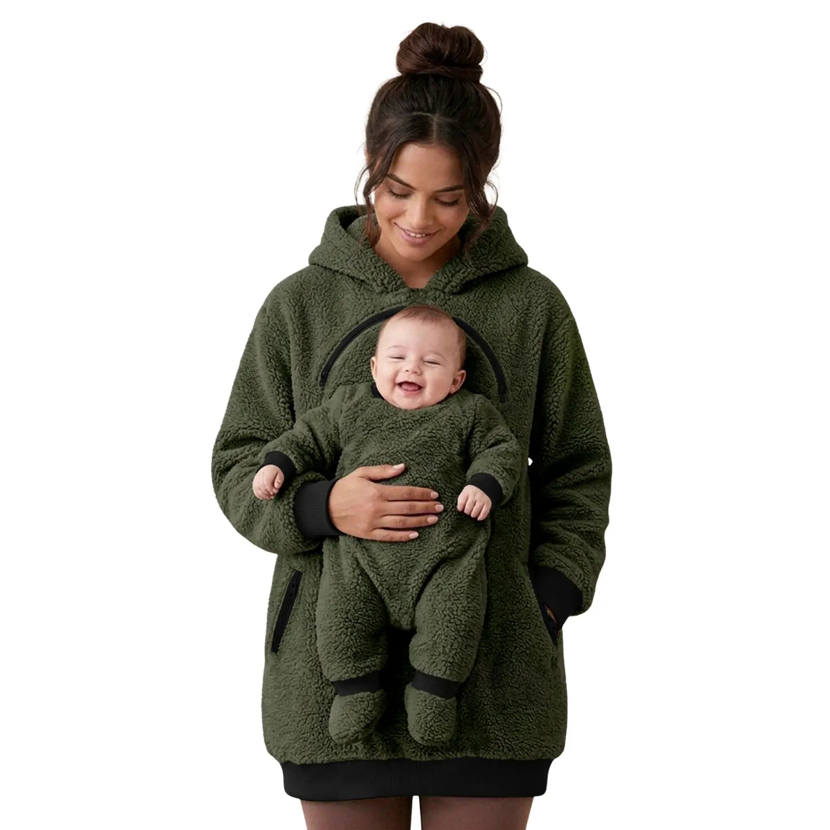 Sherpa Fleece Baby Pouch Hoodie with Zippered Front Panel