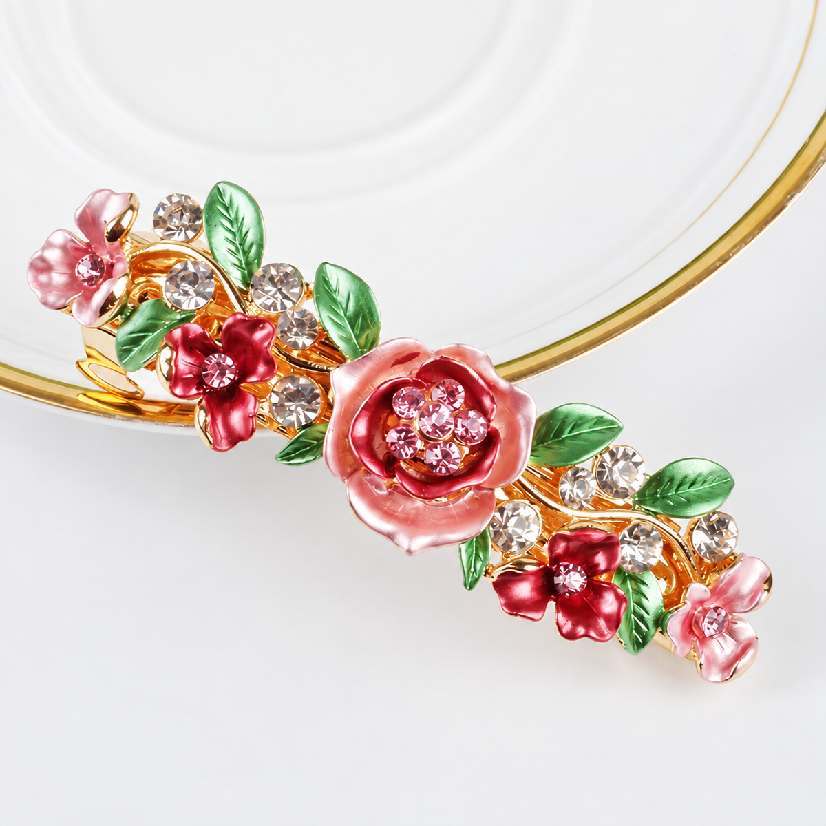 Floral Enamel Barrette with Rhinestone Accents and Gold Tone